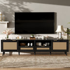 Modern Farmhouse Rattan TV Stand for TVs up to 85'', Black MDF and Solid Wood Media Console with Cable Management, 78.74'' L x 14.6'' W x 18.9'' H - Grand Goldman Shop