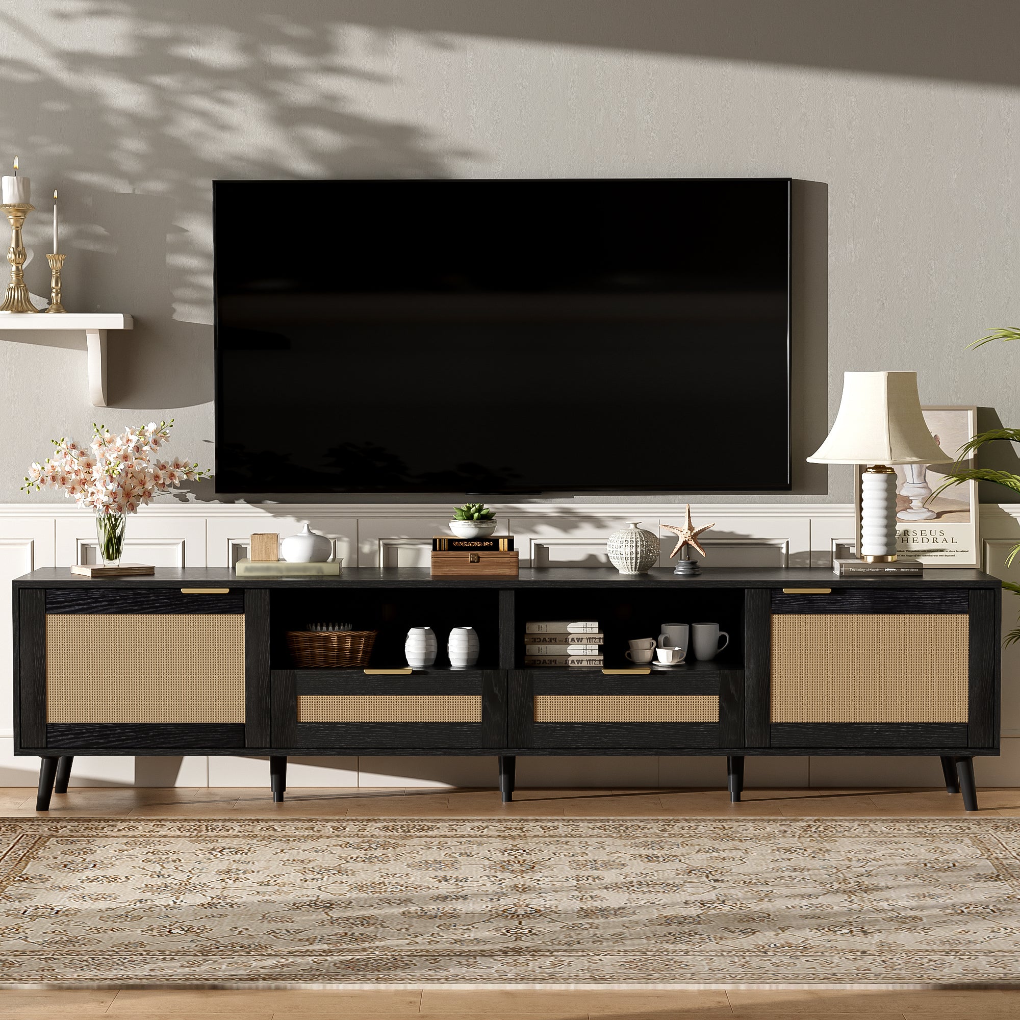 Modern Farmhouse Rattan TV Stand for TVs up to 85'', Black MDF and Solid Wood Media Console with Cable Management, 78.74'' L x 14.6'' W x 18.9'' H - Grand Goldman Shop