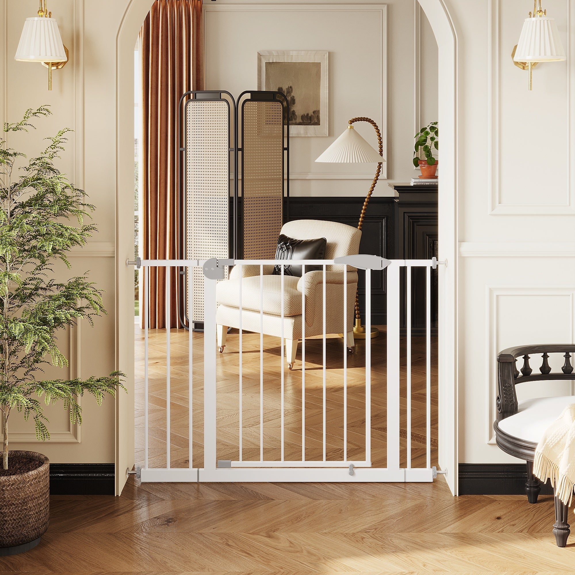 White Pressure-Mounted Baby Gate for Stairs, 29.5-44.1' Wide, Steel and ABS Construction, Easy Walk-Through Design for Kids a