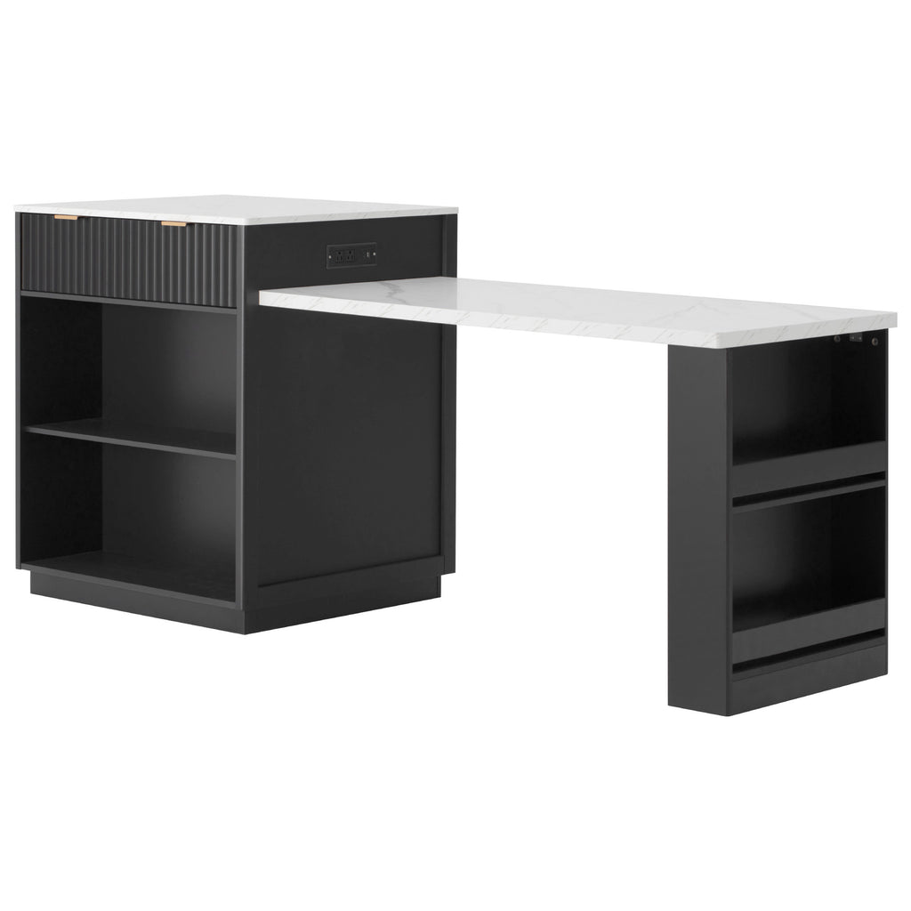 K&K 82.6' Fluted Kitchen Island with Extendable Dining Table for 4-6, Island Table for Kitchen with Power Outlet, Kitchen Table with Double-Side Storage, 2 Drawers 2 Side Open Shelves, Black - Grand Goldman Shop