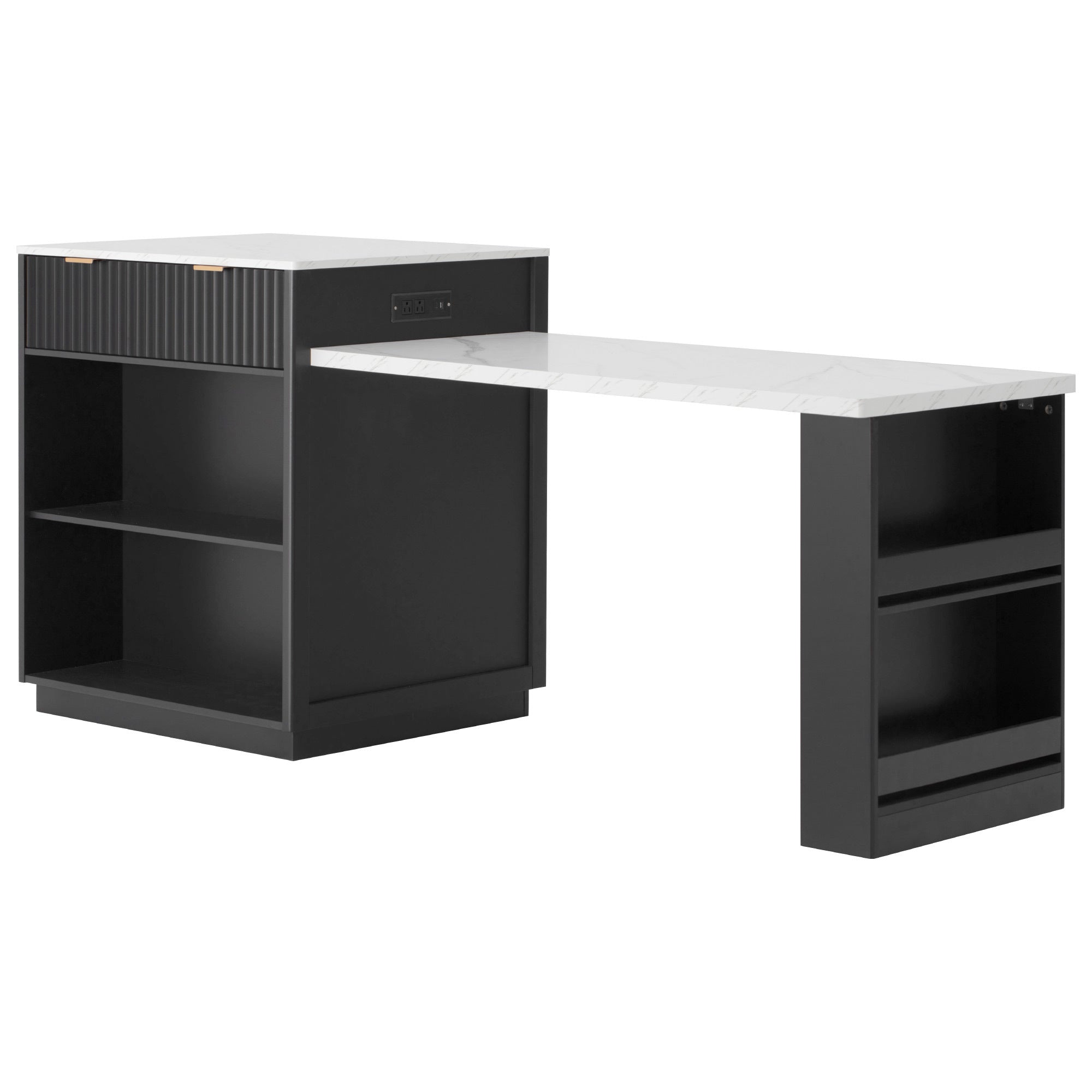 K&K 82.6' Fluted Kitchen Island with Extendable Dining Table for 4-6, Island Table for Kitchen with Power Outlet, Kitchen Table with Double-Side Storage, 2 Drawers 2 Side Open Shelves, Black - Grand Goldman Shop