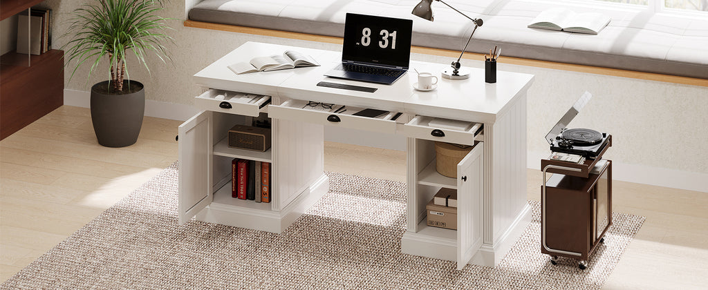 67' Modern Executive Desk,Computer Desk with 2 Wooden Doors Storage Cabinet and 3 Drawers, Rectangle Home Office Desk  ,Readi