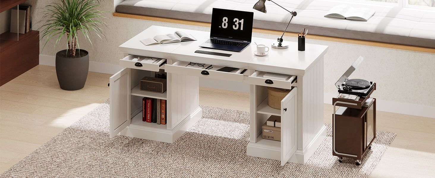 67' Modern Executive Desk,Computer Desk with 2 Wooden Doors Storage Cabinet and 3 Drawers, Rectangle Home Office Desk  ,Readi
