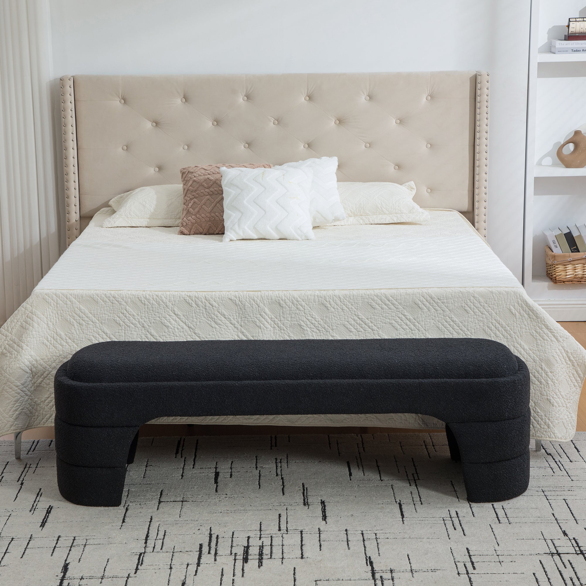 64.96'Wide Modern Upholstered Armless Upholstered Bedroom Benches End of Bed Bench for Entryway, Chenille Ottoman Foot Stool for Living Room and Bedroom, Entryway, Black Boucle - Grand Goldman Shop