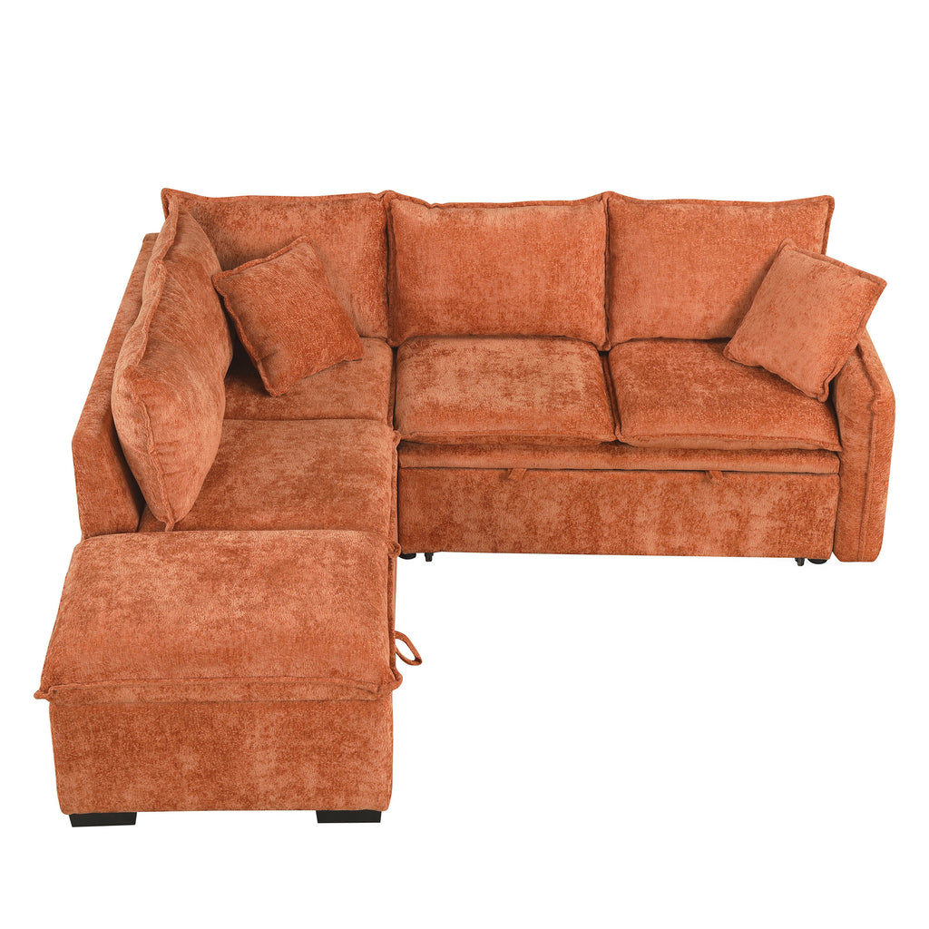 Convertible L-shaped Sofa Bed with Storage Ottoman, Power Sockets & USB Ports, Orange Chenille, 82.67' - Grand Goldman Shop