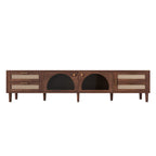 Modern 86 inch TV Stand for TVs up to 90 inches, Dark Brown Rattan Design with App-Controlled LED Lights, 2 Drawers & Glass Door Storage, MDF and Solid Wood Media Console - Grand Goldman Shop
