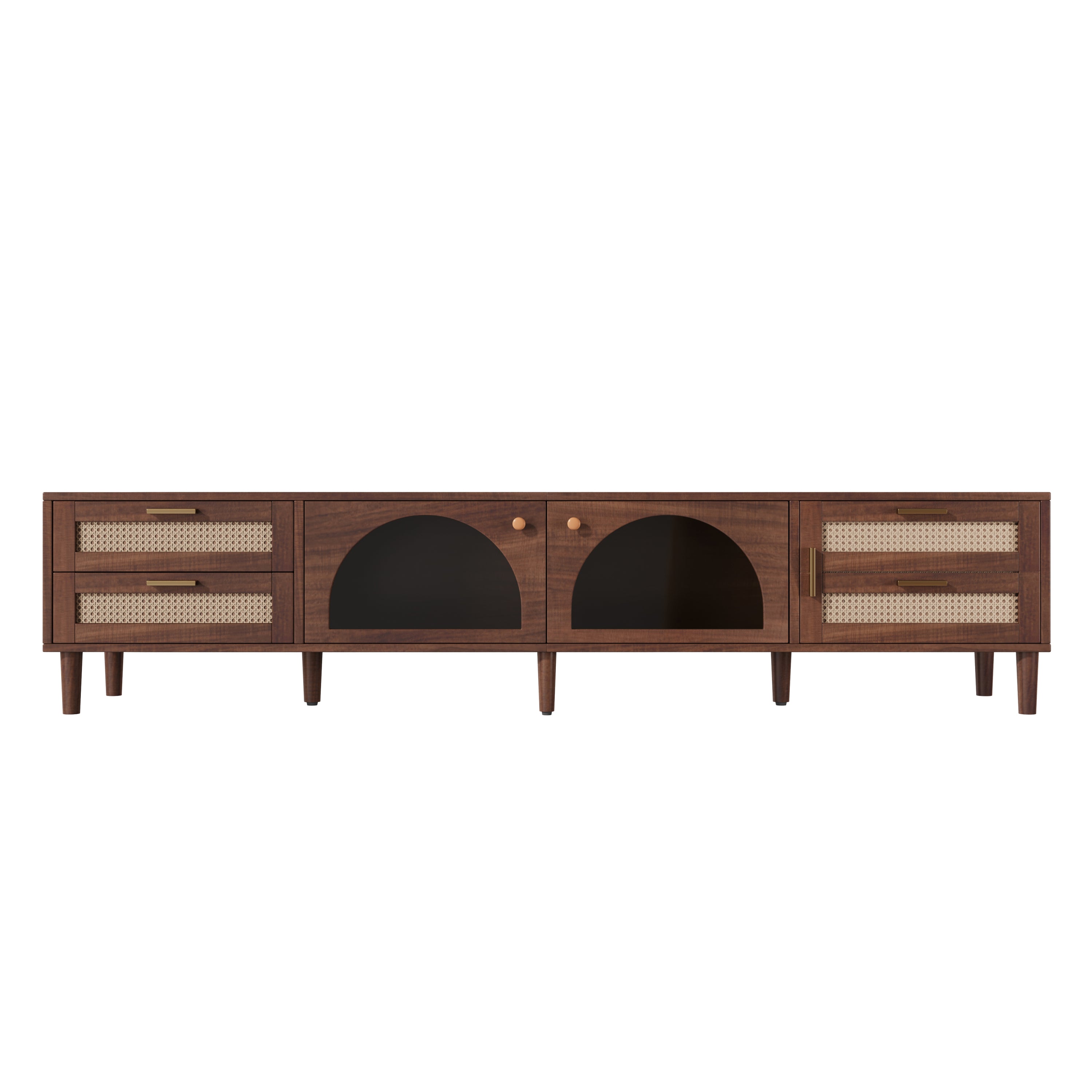 Modern 86 inch TV Stand for TVs up to 90 inches, Dark Brown Rattan Design with App-Controlled LED Lights, 2 Drawers & Glass Door Storage, MDF and Solid Wood Media Console - Grand Goldman Shop