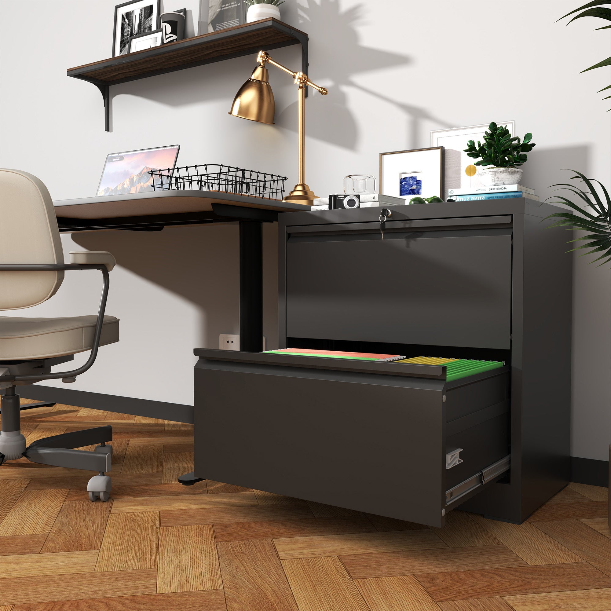 Premium 2 Drawer Metal Lateral File Cabinet with Lock, Black Steel Wide Horizontal Filing Cabinets for Home Office | Premium 