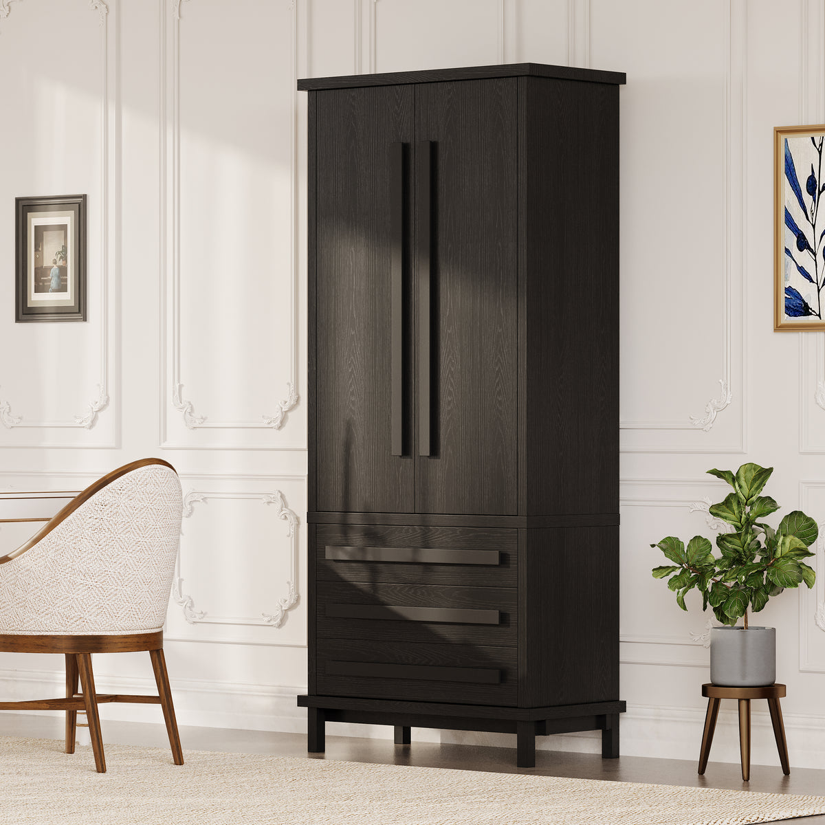 70' Kitchen Pantry Cabinet with 2 Cabinet Shelves,Luxurious Wooden Cupboard with 6 Door Shelves and 3 Drawers for Kitchen, Dining Room,Black - Grand Goldman Shop