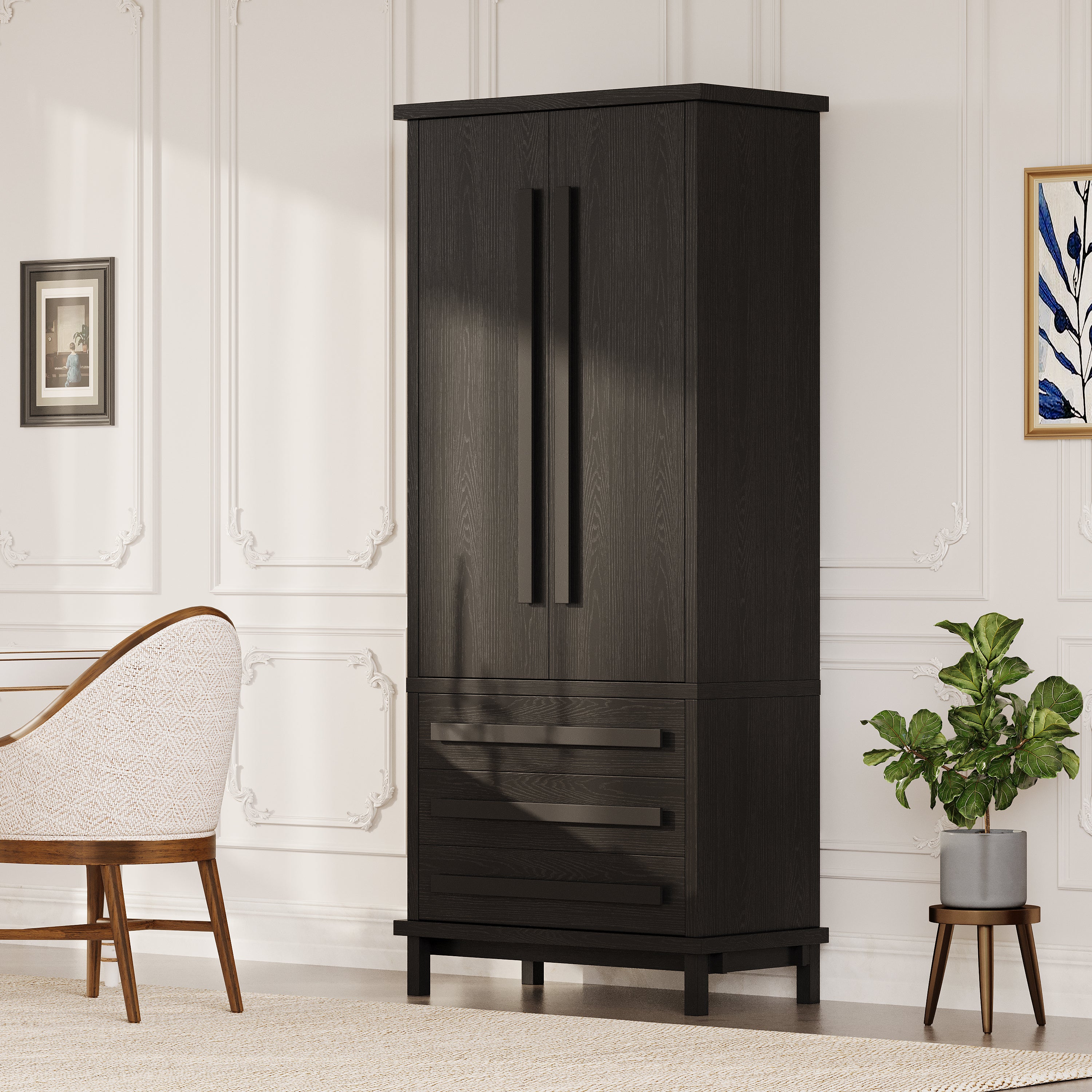 70' Kitchen Pantry Cabinet with 2 Cabinet Shelves,Luxurious Wooden Cupboard with 6 Door Shelves and 3 Drawers for Kitchen, Dining Room,Black - Grand Goldman Shop