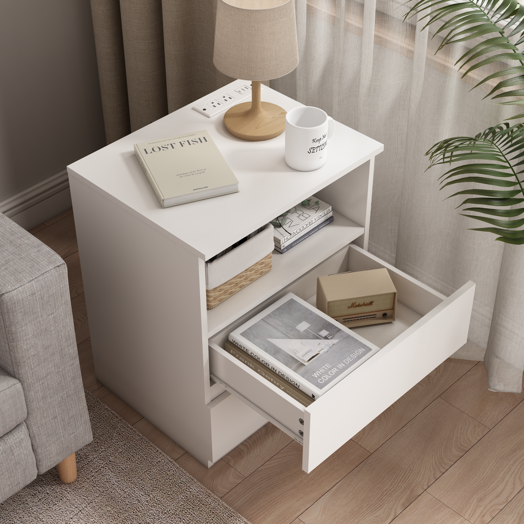 (Set of 2)End Table with Fast USB C Charging Station, Sofa Side Table with 2 Drawers, Large Storage Modern Wood Storage Cabinet for Living Room,Bedroom,Office, White - Grand Goldman Shop