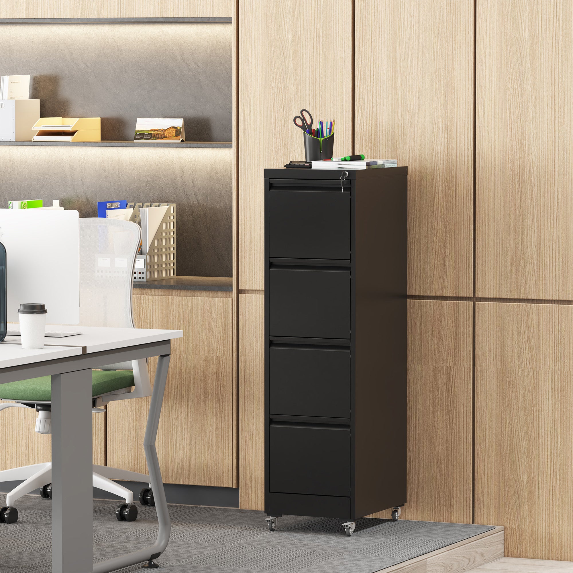 Black Heavy-Duty Metal 4 Drawer Locking Vertical File Cabinet with Wheels for Home & Office, 17.71'D x 15.16'W x 52.28'H | Pr