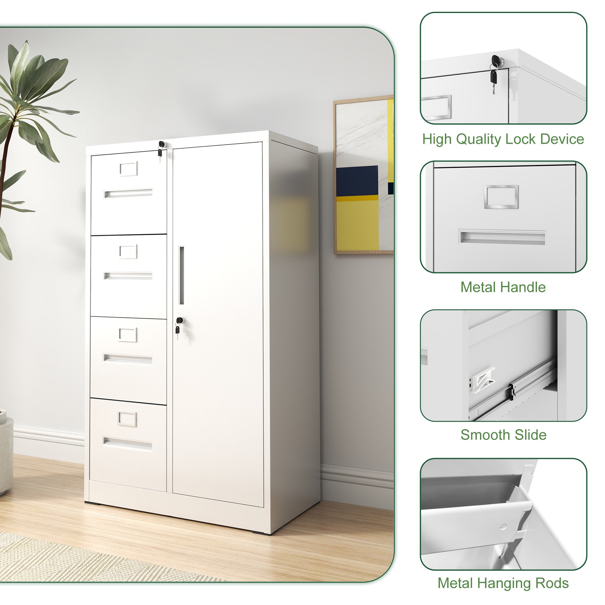 Metal Storage Vertical Filing Cabinet with Lock, Steel File Locker with 4 Drawers and 1 door for School, Living Room, Bedroom