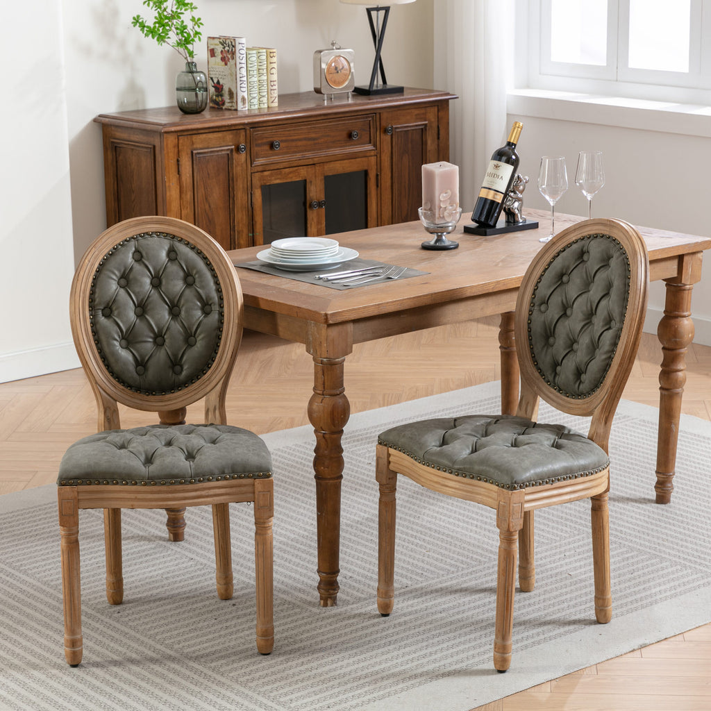 French Style Solid Wood Frame Antique Painting,Hand-pulled buckle decoration PU artificial leather Dining Chair with Nailhead Trim ,Wood Legs,Set of 2,White Pine Green,SW1839WP - Grand Goldman Shop