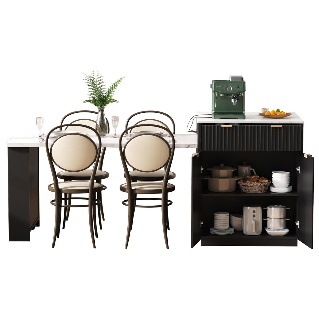K&K 82.6' Fluted Kitchen Island with Extendable Dining Table for 4-6, Island Table for Kitchen with Power Outlet, Kitchen Table with Double-Side Storage, 2 Drawers 2 Side Open Shelves, Black - Grand Goldman Shop