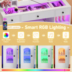 43.2' Vanity Desk with LED Mirror and Lights, Glass Top Vanity with RGB Glass Light Cabinets, Dressing Table with 3 Drawers ,Storage Shelves and Stool for Bedroom, White - Grand Goldman Shop