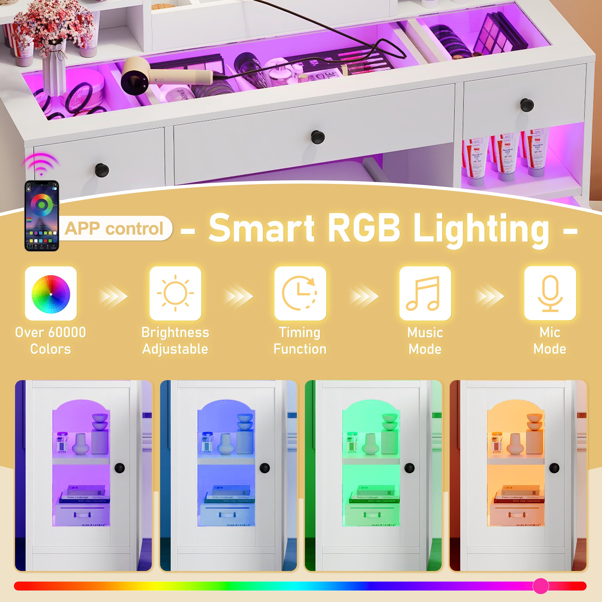 43.2' Vanity Desk with LED Mirror and Lights, Glass Top Vanity with RGB Glass Light Cabinets, Dressing Table with 3 Drawers ,Storage Shelves and Stool for Bedroom, White - Grand Goldman Shop