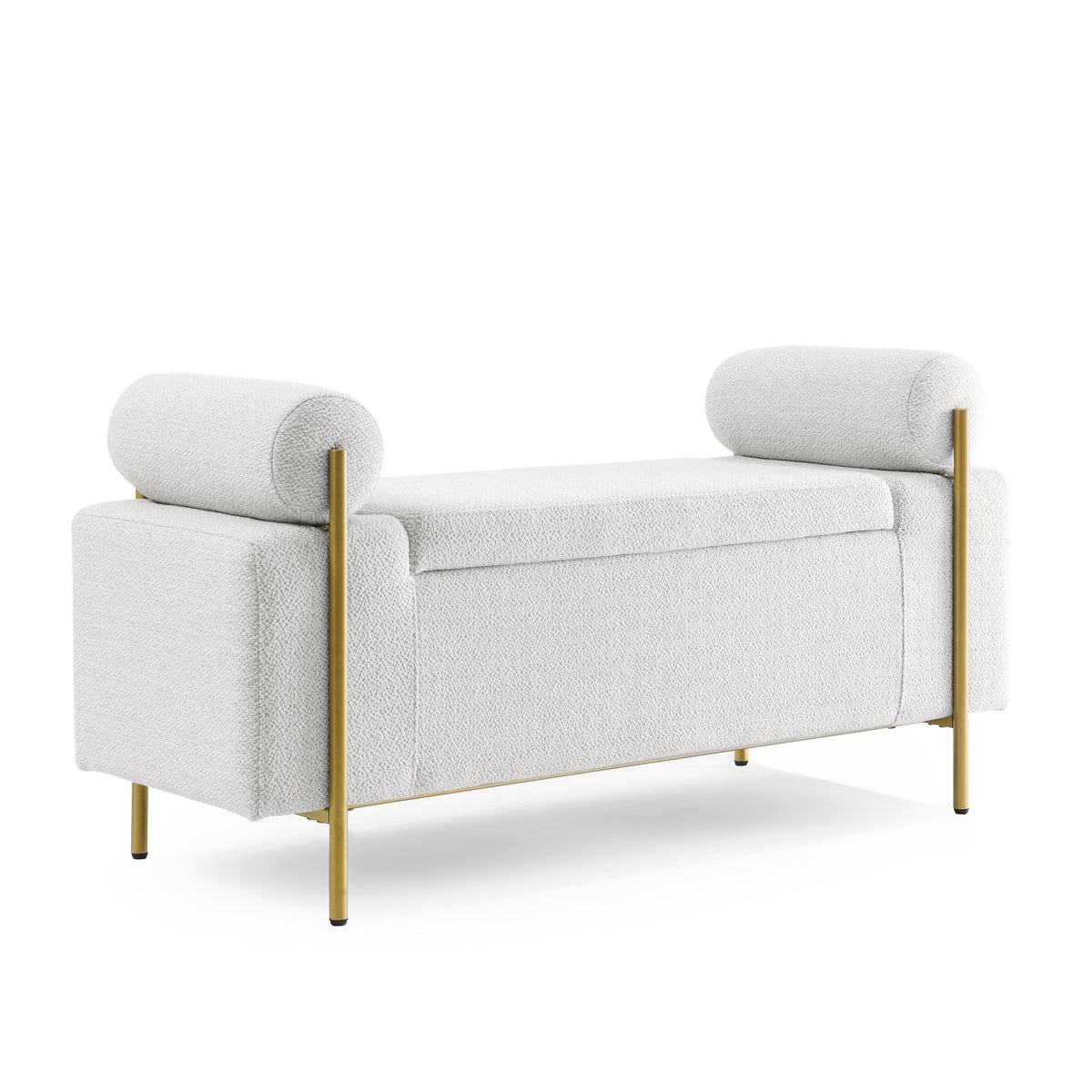 Elegant Upholstered Linen Storage Bench with Cylindrical Arms and Iron Legs, White - Grand Goldman Shop