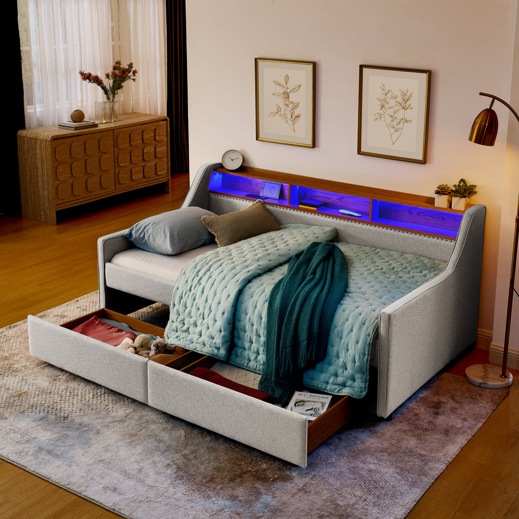 Beige Linen Upholstered Twin Sofa Bed with LED Lights, Storage Drawers, Adjustable Headboard & Wireless Charging - Grand Goldman Shop