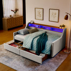 Beige Linen Upholstered Twin Sofa Bed with LED Lights, Storage Drawers, Adjustable Headboard & Wireless Charging - Grand Goldman Shop