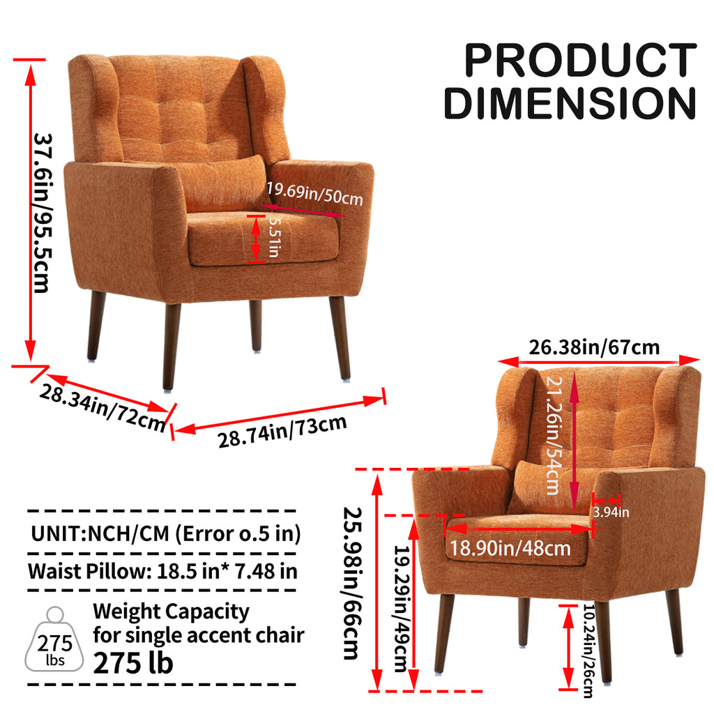 Modern Accent Chair,Chenille Arm Chairs for Living Room,Upholstered Mordern Armchair,Comfy Soft Padded Lounge Chair in Small Space, Bedroom, w/Pillow, Solid Wood Leg (Orange) - Grand Goldman Shop