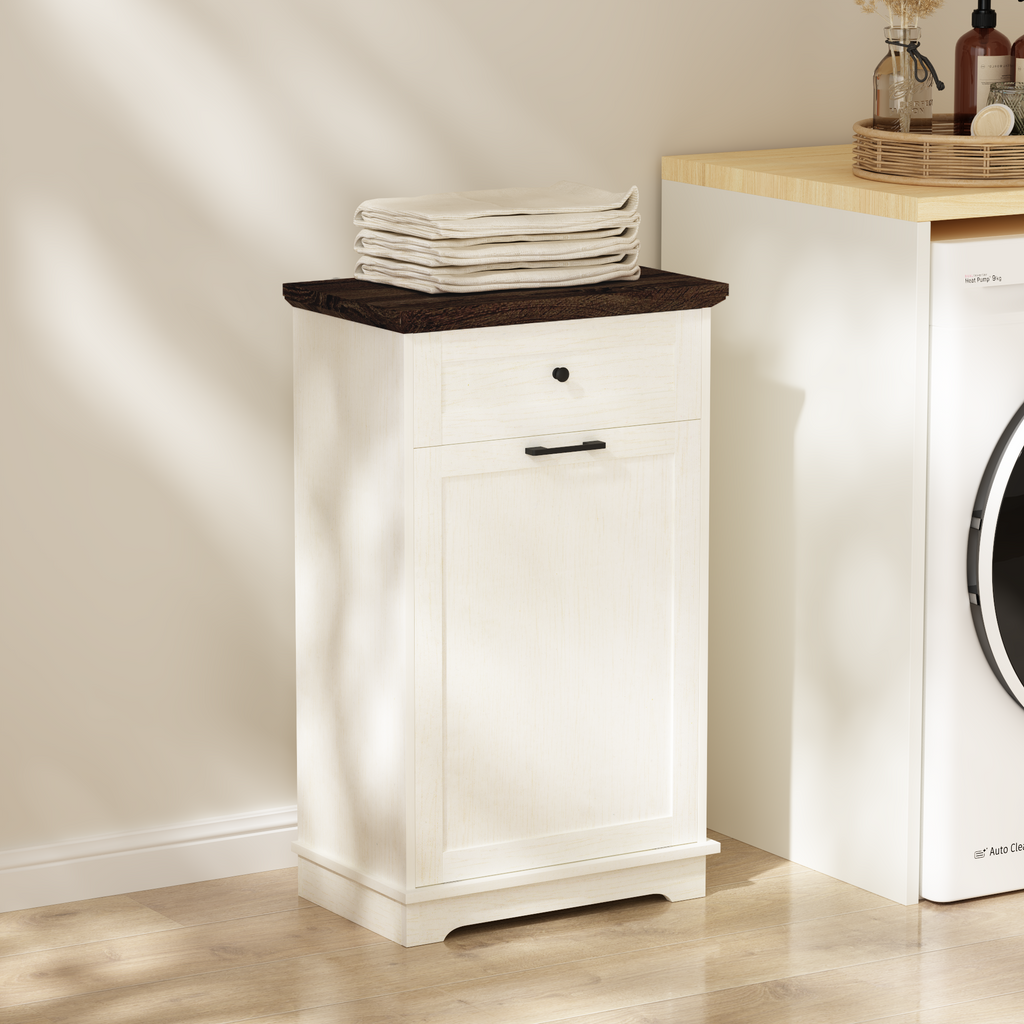10 Gallon Tilt Out Trash Cabinet Freestanding Trash Bin Cabinet Wood Garbage Recycling Cabinet with Drawer Pet Proof Trash Can Holder for Kitchen Living Room, Antique White (Not include trash can) - Grand Goldman Shop