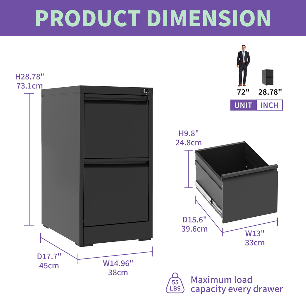 Black Steel 2 Drawer Vertical File Cabinet with Lock for A4 Legal/Letter Size | Premium Home Decor - Grand Goldman