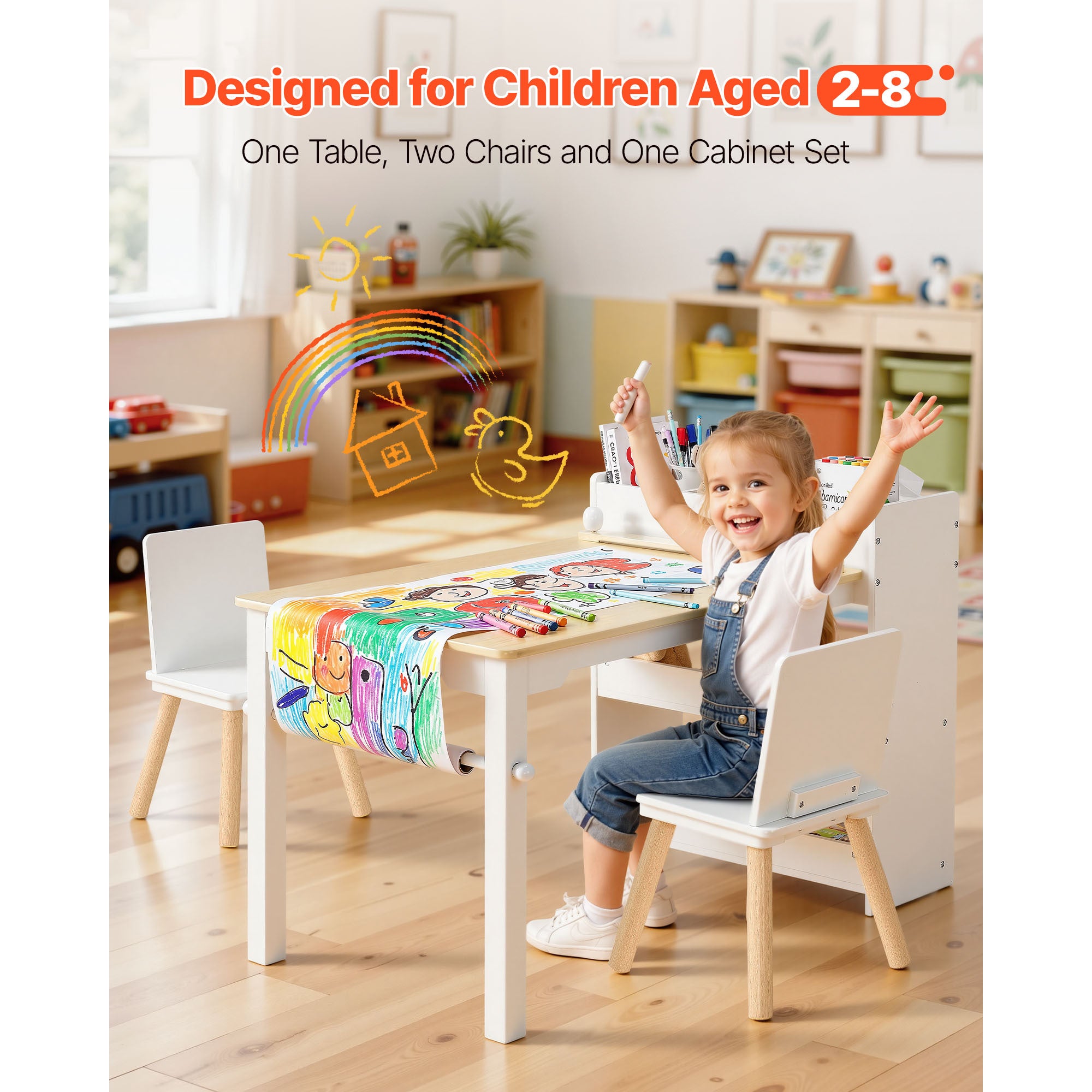 Kids Art Table and Chair Set, Toddler Craft Table with 3 Tiers Storage Cabinet, Wooden Kids Activity Play Desk with 2 Chairs,