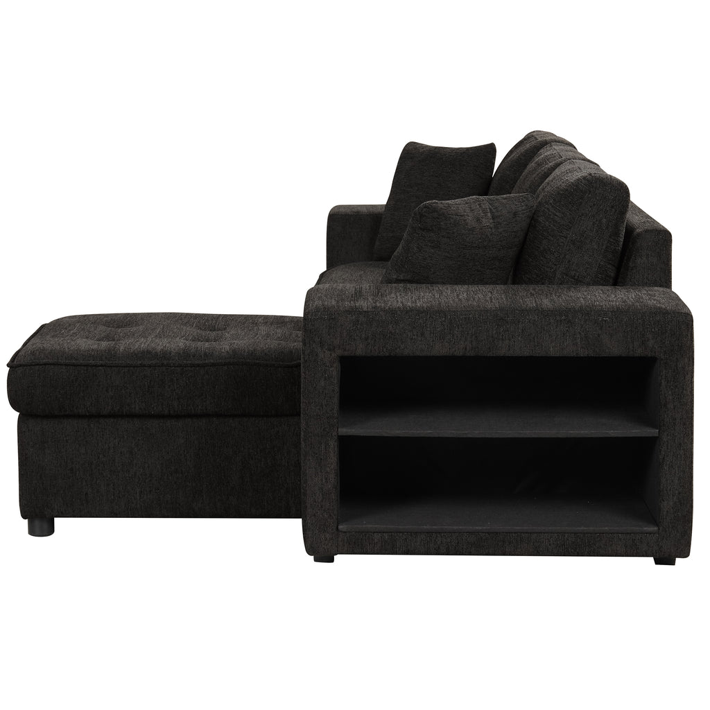 Modern L-Shape 3 Seat Reversible Sectional Couch with Pull Out Sleeper Sofa, Storage Chaise, 2 Stools, Charcoal Grey, Linen Chenille - Grand Goldman Shop