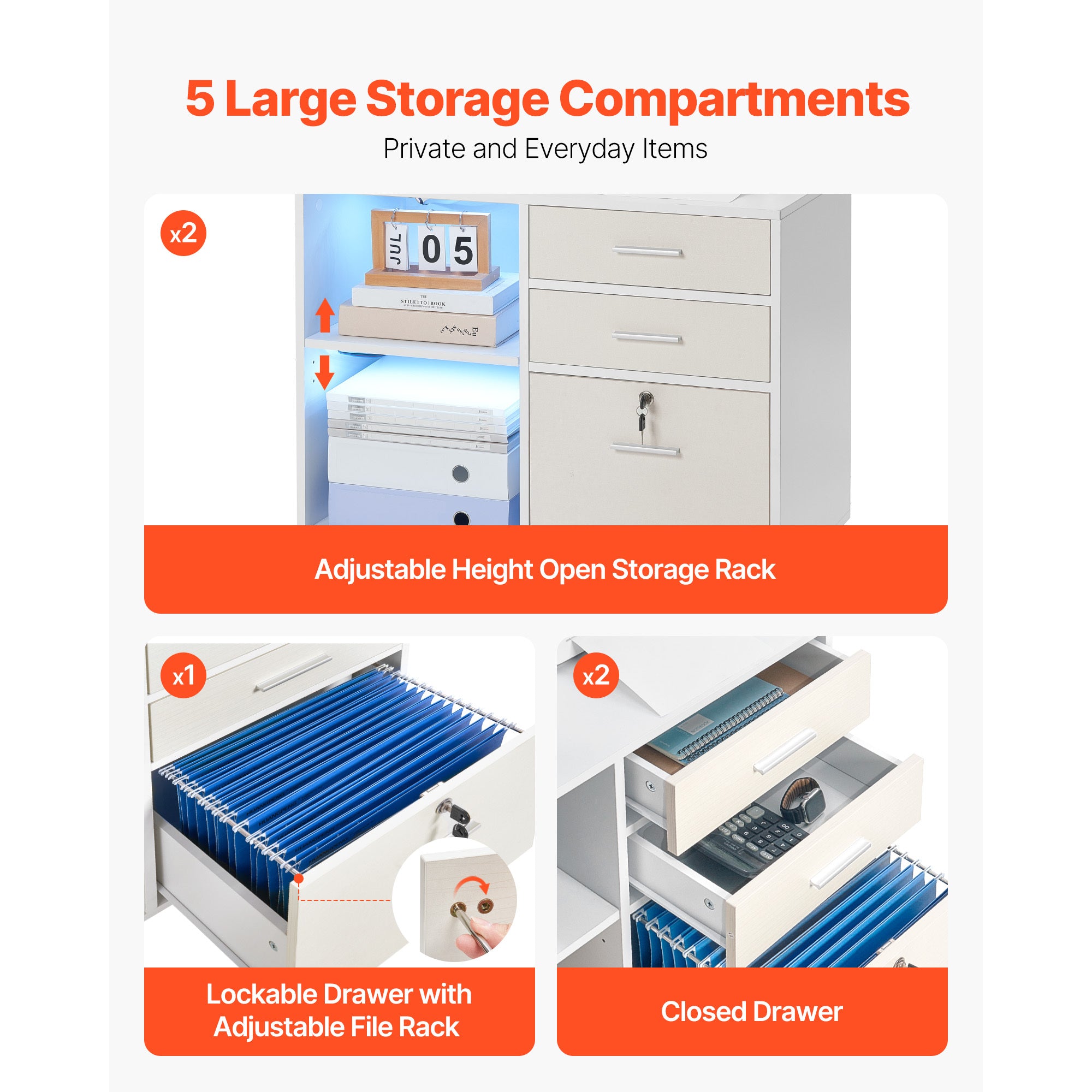 Stylish 3 Drawer Wooden File Cabinet Mobile Filing Cabinet with Light Strip White - Available at Grand Goldman
