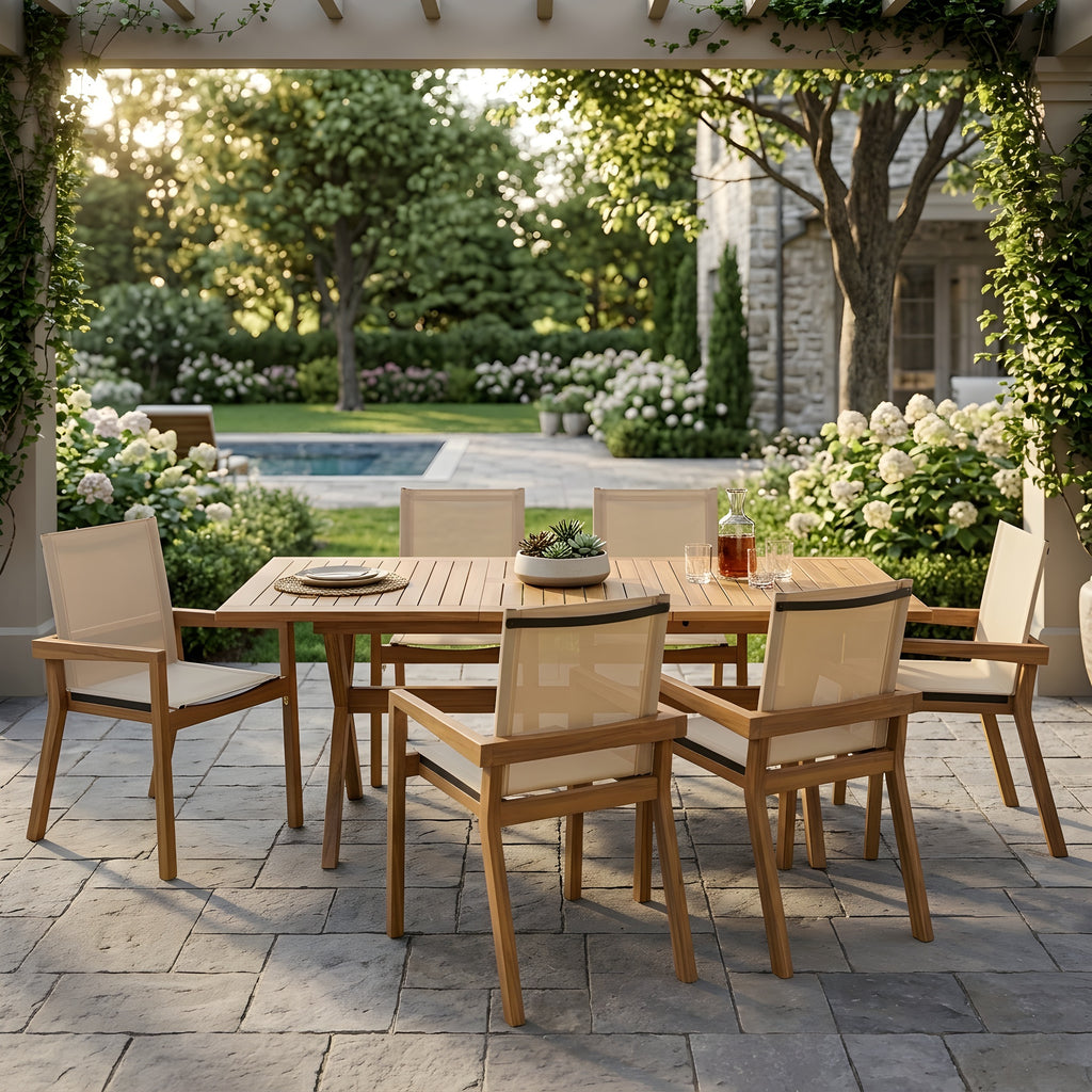 7-teiliges Akazienholz Outdoor Essgruppe Set, modern, 6 Stühle und 1 großer Tisch, Essgarnitur für Rasen, Hinterhof, Garten, Terrasse, Pool