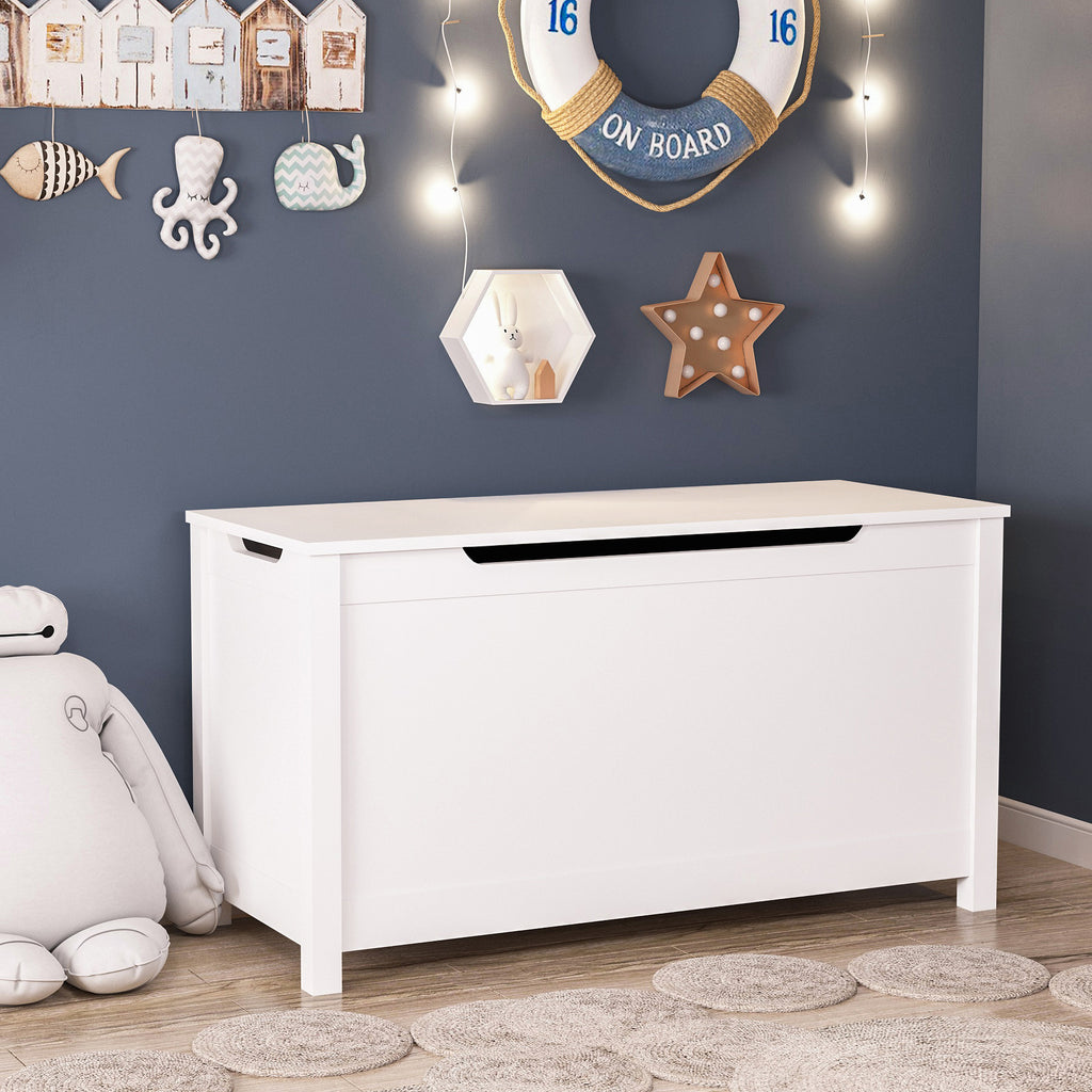 Kids Wooden Toy Box Storage with Safety Hinged Lid for Ages 2+ (White) | Premium Home Decor - Grand Goldman