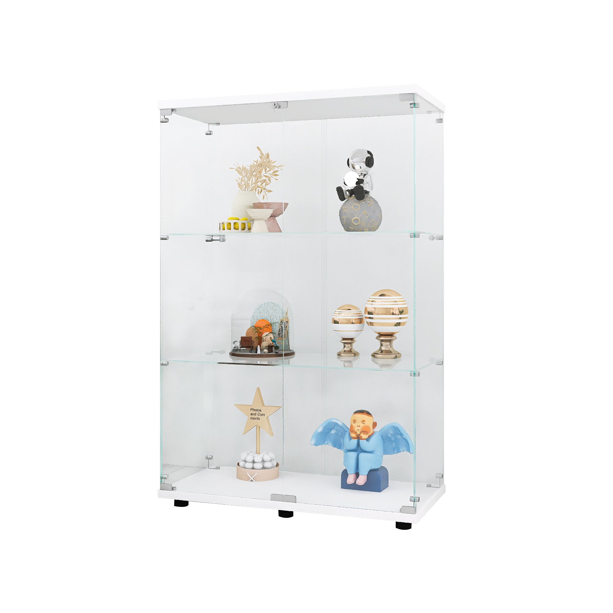 Two-door Glass Display Cabinet 3 Shelves with Door, Floor Standing Curio Bookshelf for Living Room Bedroom Office, 49.3'*31.7