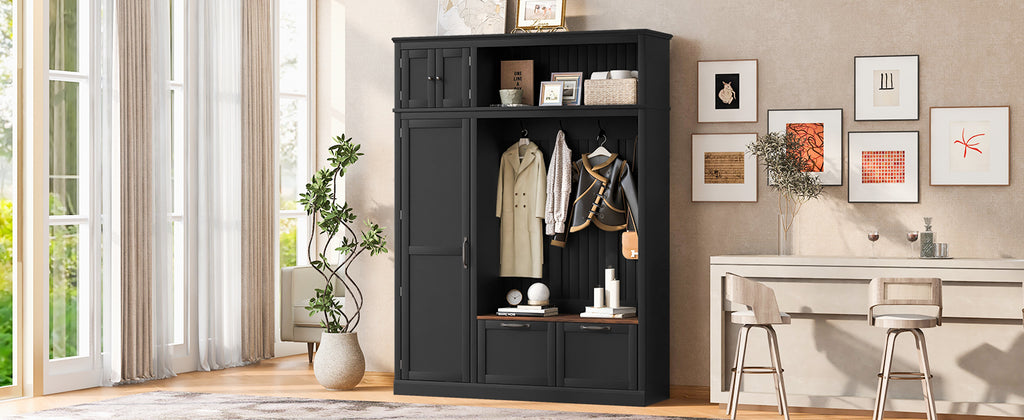 3-in-1 Hall Tree with Overhead Storage Cabinet, 3 Adjustable Side Shelves, 4 Heavy-Duty Hooks, 2 Spacious Drawers, Grooved Back Panel Design, Contrasting Seat Bench, Multifunctional Entryway Organizer - Grand Goldman Shop