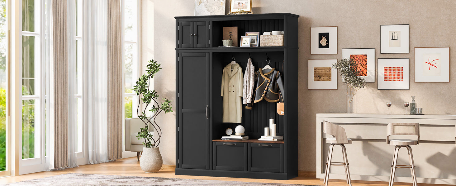 3-in-1 Hall Tree with Overhead Storage Cabinet, 3 Adjustable Side Shelves, 4 Heavy-Duty Hooks, 2 Spacious Drawers, Grooved Back Panel Design, Contrasting Seat Bench, Multifunctional Entryway Organizer - Grand Goldman Shop
