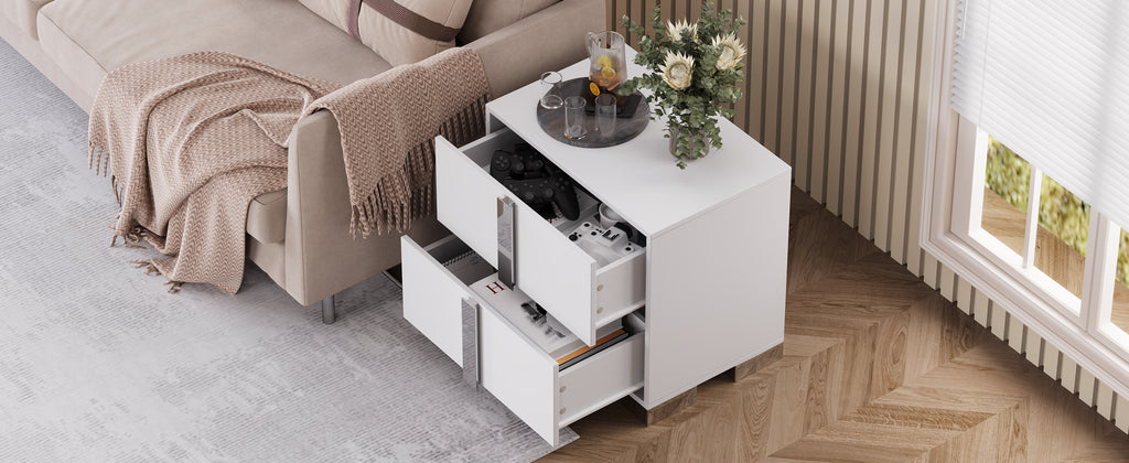 Modern End Table with Drawers, Elegant Nightstand with Metal Foot,Wood Bedside Table with Mirrored Metal Handles,Sofa Side End Table for Bedroom Living Room Office,White - Grand Goldman Shop