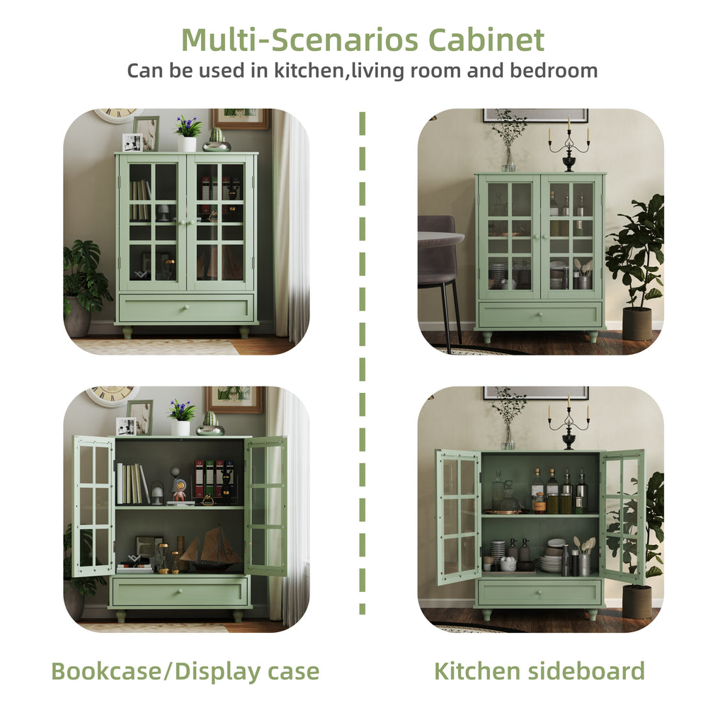 Minimalism Buffet Cabinet with Double Glass Doors and Drawer, Modern Wooden Storage Sideboard Cupboard, Mint Green, MDF and Solid Wood, 28''x15''x36.22'' - Grand Goldman Shop