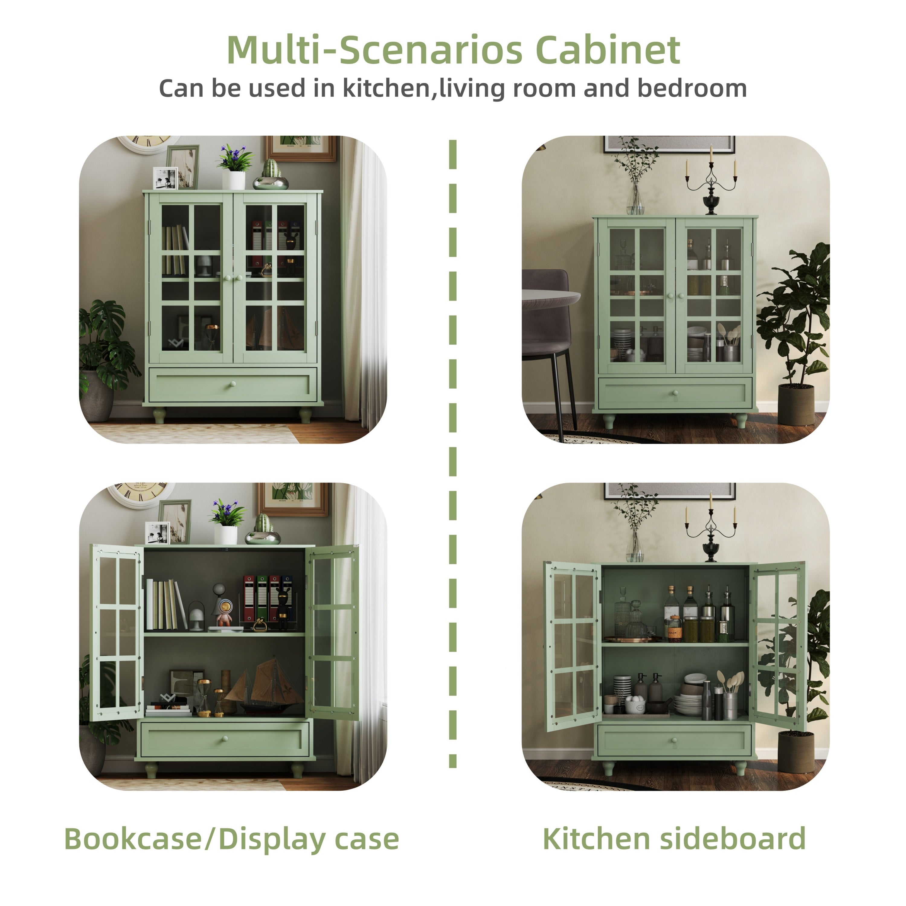 Minimalism Buffet Cabinet with Double Glass Doors and Drawer, Modern Wooden Storage Sideboard Cupboard, Mint Green, MDF and Solid Wood, 28''x15''x36.22'' - Grand Goldman Shop