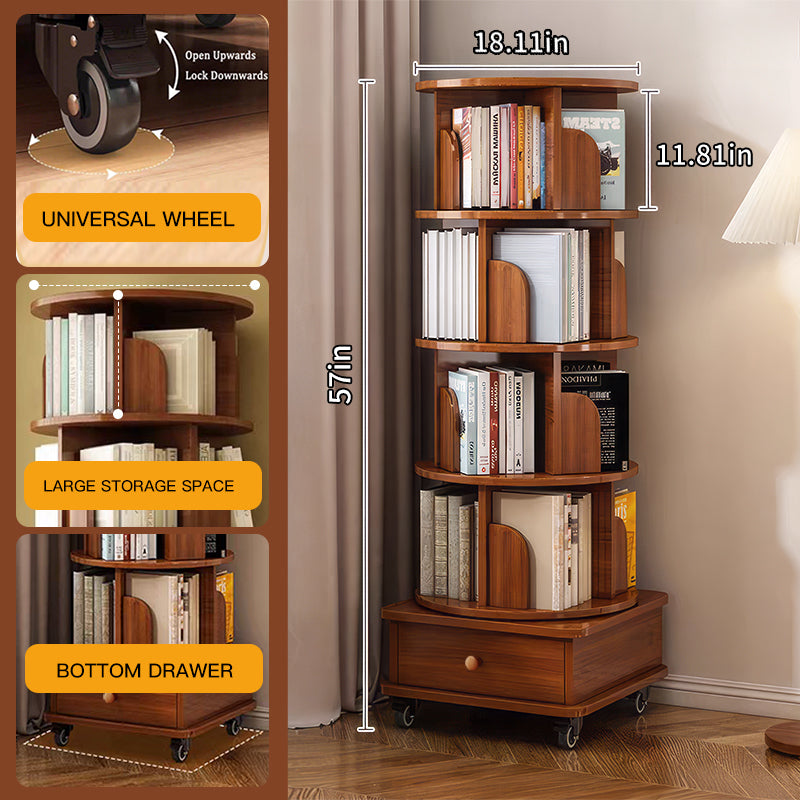 Rotating Bookshelf with Drawer, 360 Display 5 Tier Corner Bookshelf for Small Space, Floor Standing Bookcase Storage Rack, Wood Narrow Organizer for Bedroom, Living Room (WALNUT) - Grand Goldman Shop