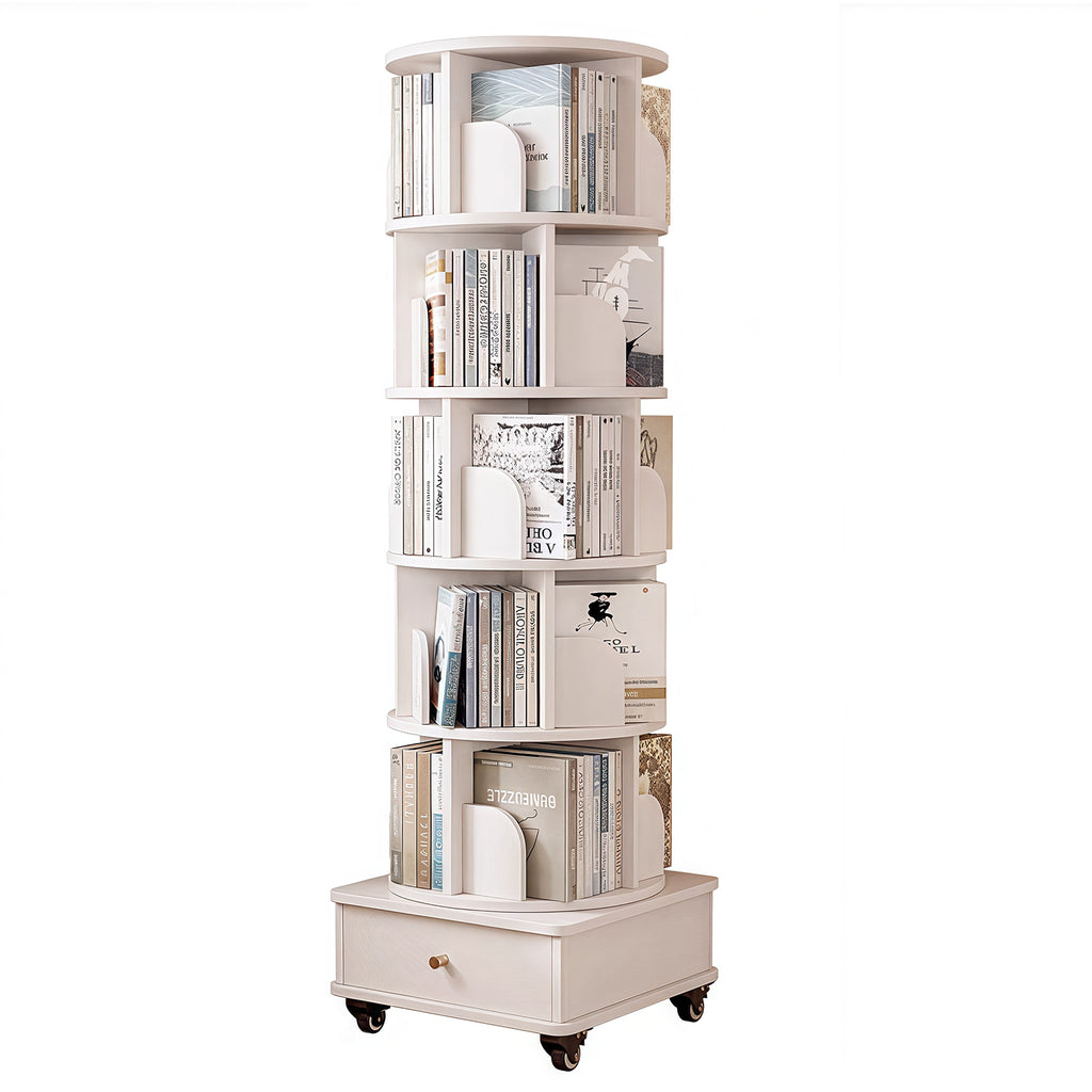 6 Tier Rotating Bookshelf, 360° Display Round Spinning Bookshelf with Wheels and Drawer, Space-Saving, Small Space Rotating Bookshelf Tower for Bedroom, Living Room, Home, Office, Warm White - Grand Goldman Shop