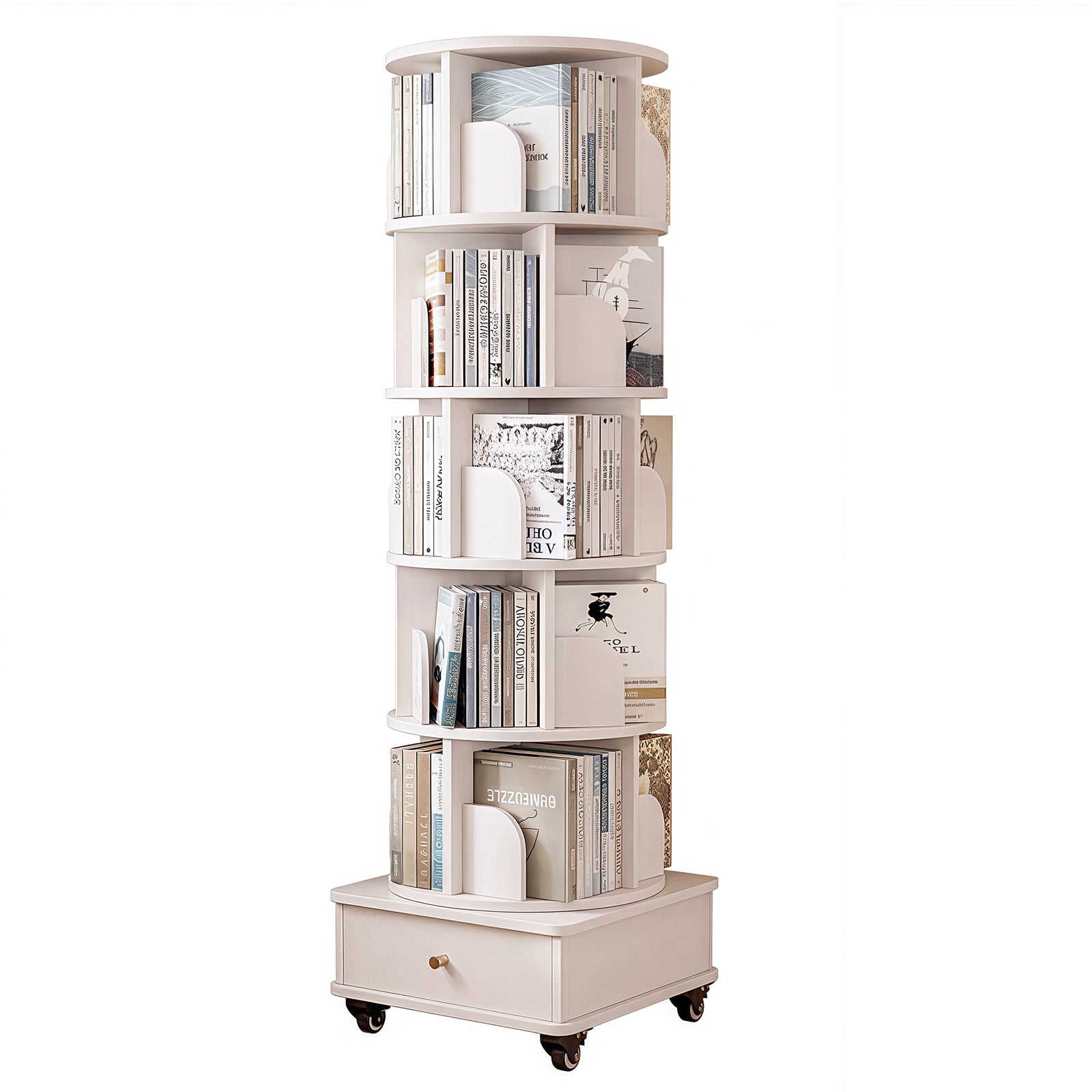 6 Tier Rotating Bookshelf, 360° Display Round Spinning Bookshelf with Wheels and Drawer, Space-Saving, Small Space Rotating Bookshelf Tower for Bedroom, Living Room, Home, Office, Warm White - Grand Goldman Shop