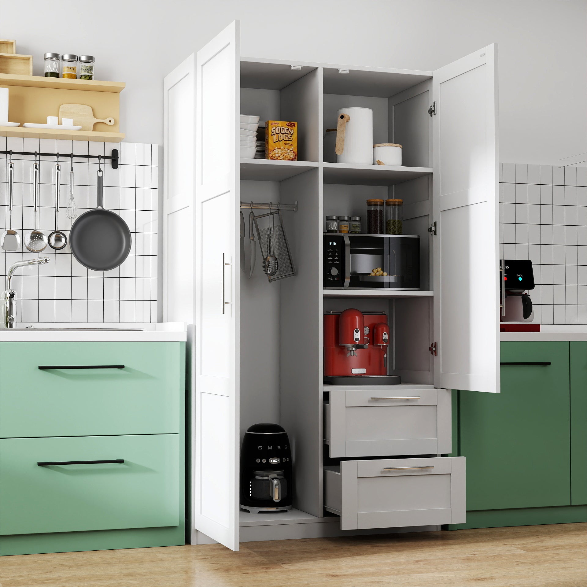 High wardrobe and kitchen cabinet with 2 doors, 2 drawers and 5 storage spaces,white - Grand Goldman Shop