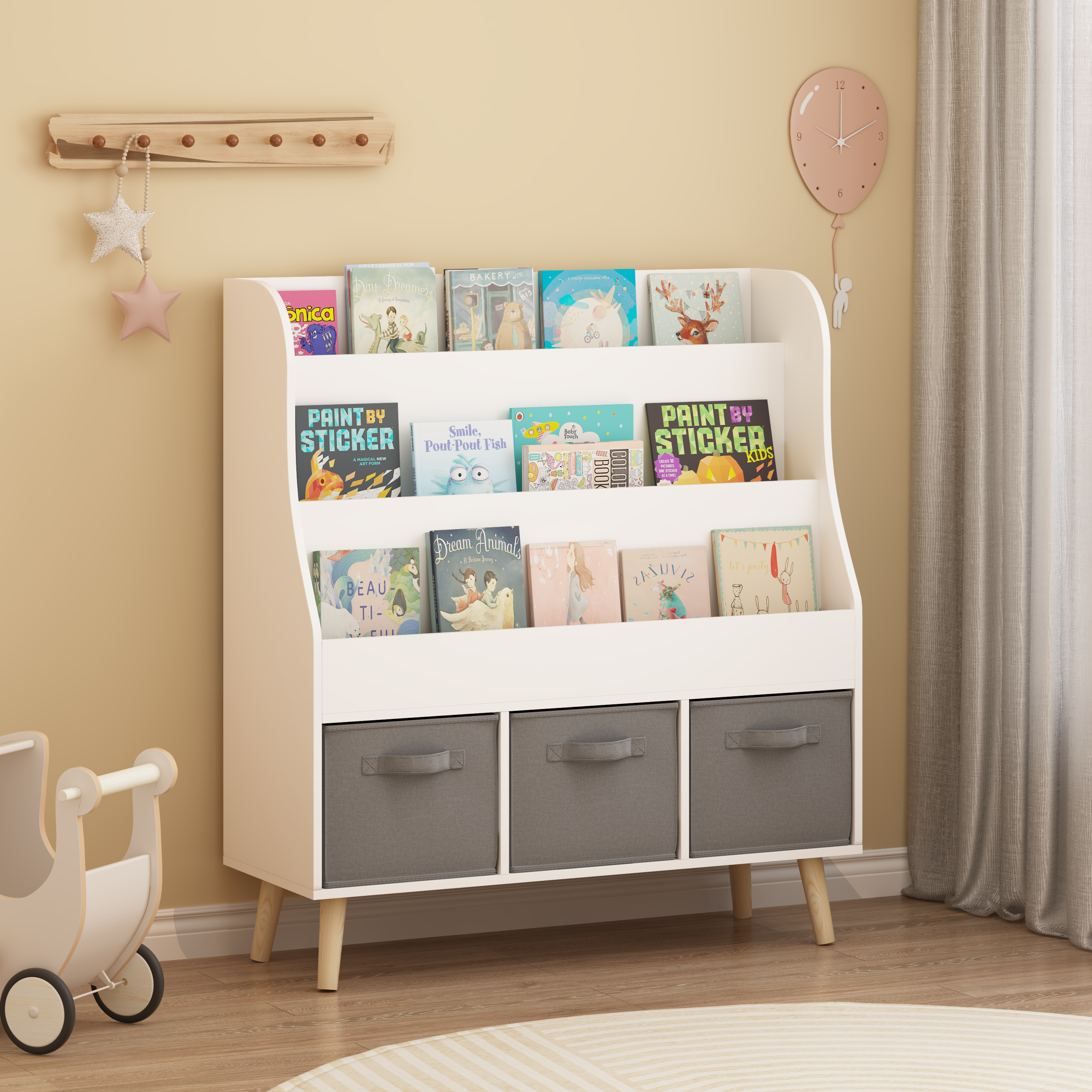 Kids Bookshelf with 3 Fabric Storage Bins, White Wooden Book Display Organizer for Toddlers and Children, Front-Facing Book R