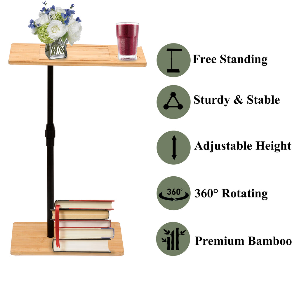 Bamboo Couch Tray Table Height Adjustable C-Shaped End Table with Slots 2 Tier Sofa Side Table for Living Room & Bedroom (Rectangle + Rectangle) - Grand Goldman Shop
