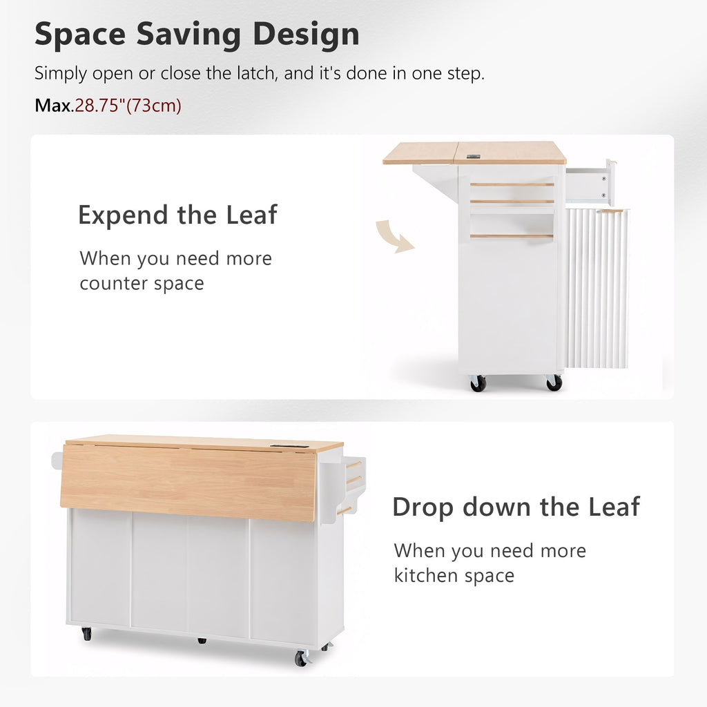 K&K Fluted Kitchen Island with Storage, 55.5' Kitchen Island with Drop Leaf, Power Outlet, 4 Doors and 3 Drawers, Rolling Island Table with Wood-grain Top, Curved Edge for Kitchen,Dining Room White - Grand Goldman Shop
