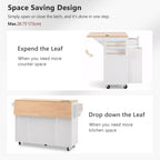 K&K Fluted Kitchen Island with Storage, 55.5' Kitchen Island with Drop Leaf, Power Outlet, 4 Doors and 3 Drawers, Rolling Island Table with Wood-grain Top, Curved Edge for Kitchen,Dining Room White - Grand Goldman Shop