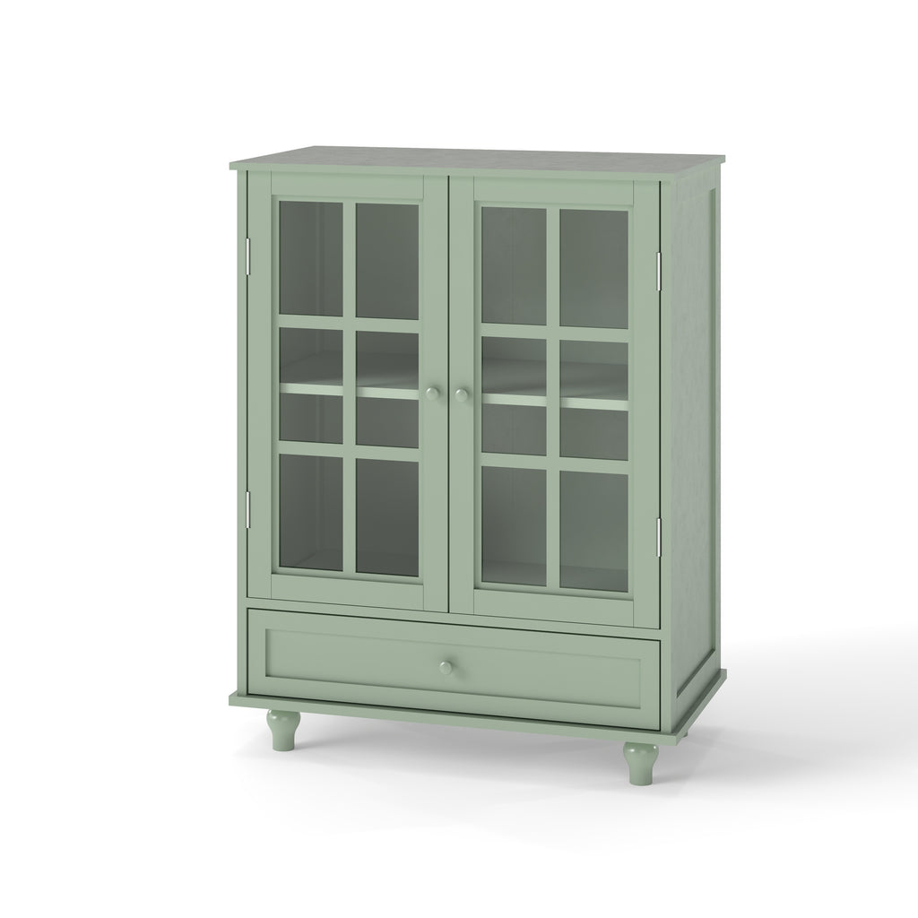 Minimalism Buffet Cabinet with Double Glass Doors and Drawer, Modern Wooden Storage Sideboard Cupboard, Mint Green, MDF and Solid Wood, 28''x15''x36.22'' - Grand Goldman Shop