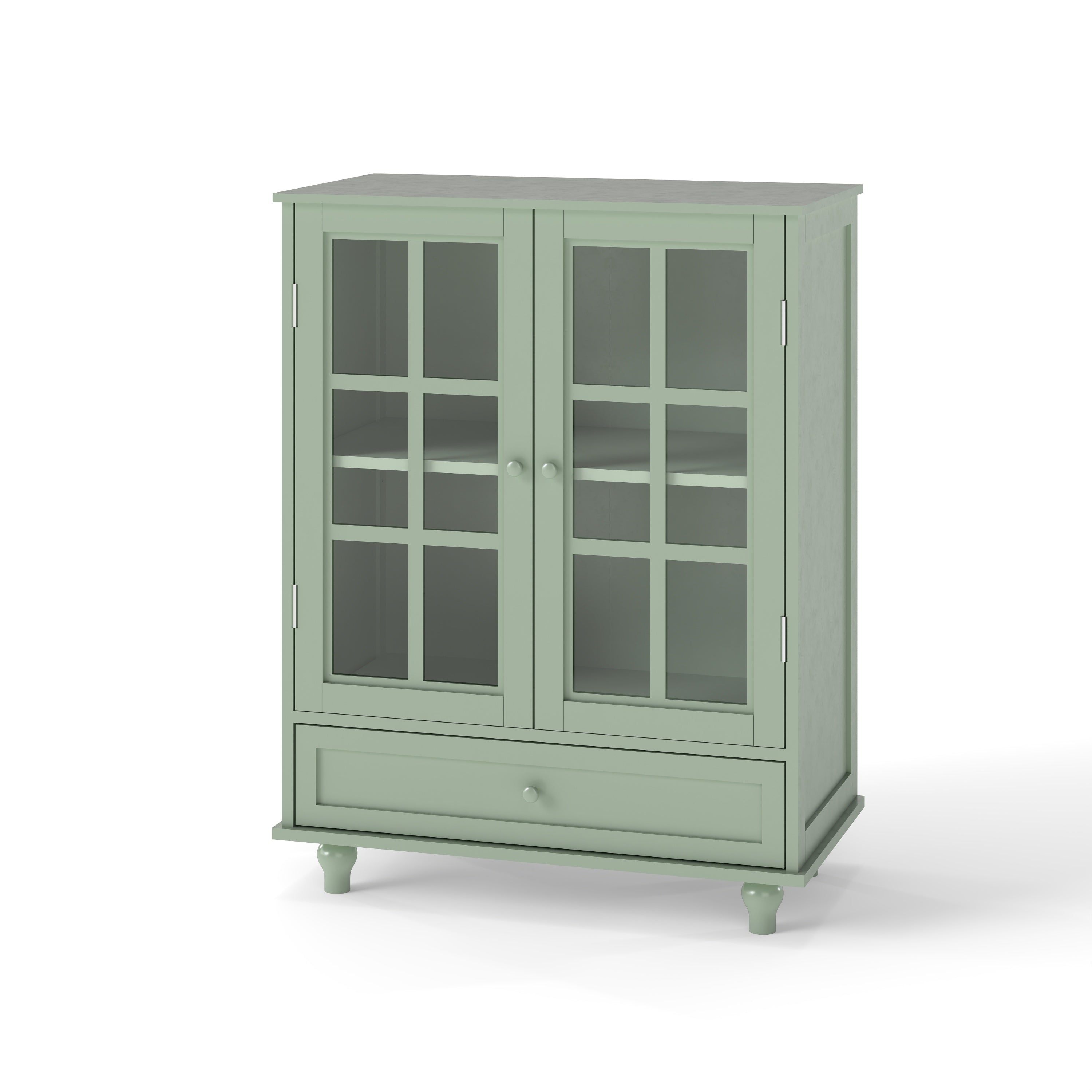 Minimalism Buffet Cabinet with Double Glass Doors and Drawer, Modern Wooden Storage Sideboard Cupboard, Mint Green, MDF and Solid Wood, 28''x15''x36.22'' - Grand Goldman Shop
