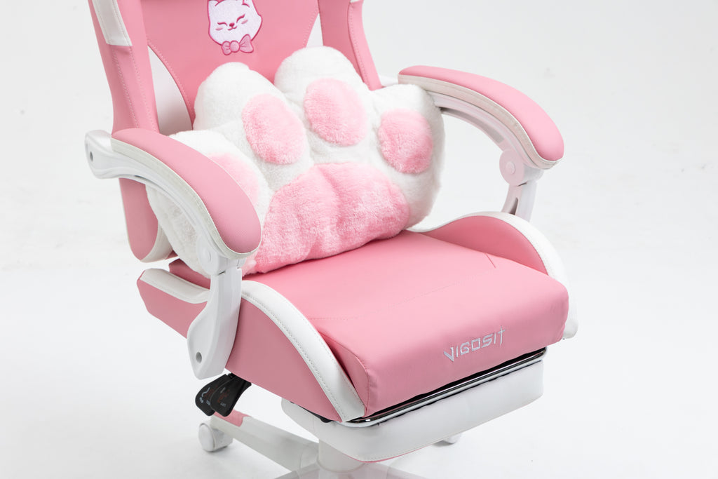 Cat Ears Pink Gaming Chair - Pink PU Leather Ergonomic Reclining Office Chair with Footrest, 310lb Capacity, 6-Position Recli