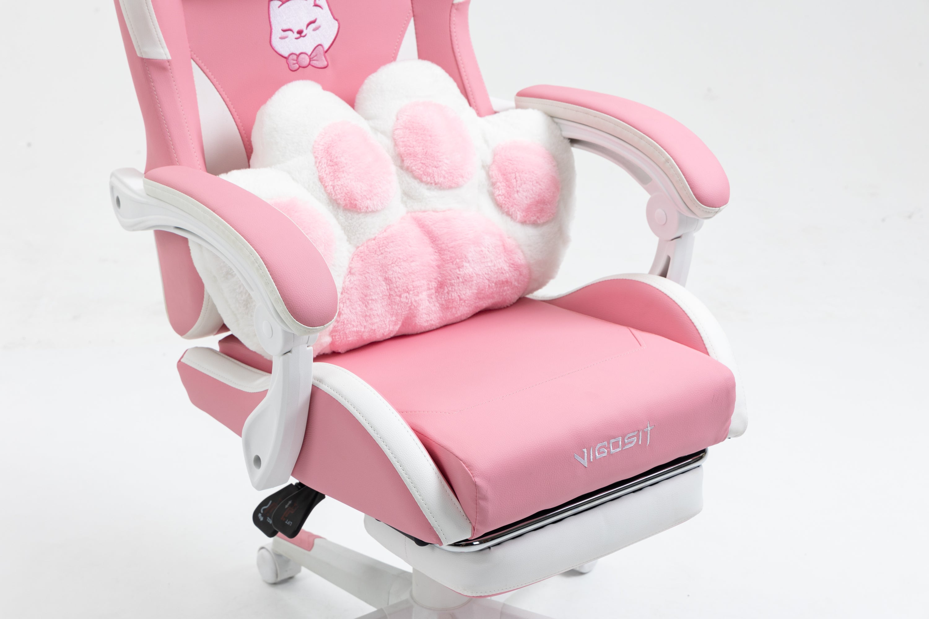 Cat Ears Pink Gaming Chair - Pink PU Leather Ergonomic Reclining Office Chair with Footrest, 310lb Capacity, 6-Position Recli